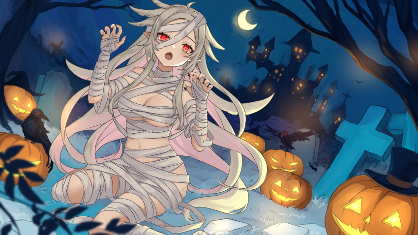 1girl :o bandaged_arm bandaged_leg bandages bird black_nails character_request claw_pose commentary copyright_request crow grey_hair highres jack-o'-lantern long_hair looking_at_viewer mummy_costume nail_polish navel open_clothes outdoors red_eyes sitting solo ten-chan_(eternal_s) very_long_hair wariza