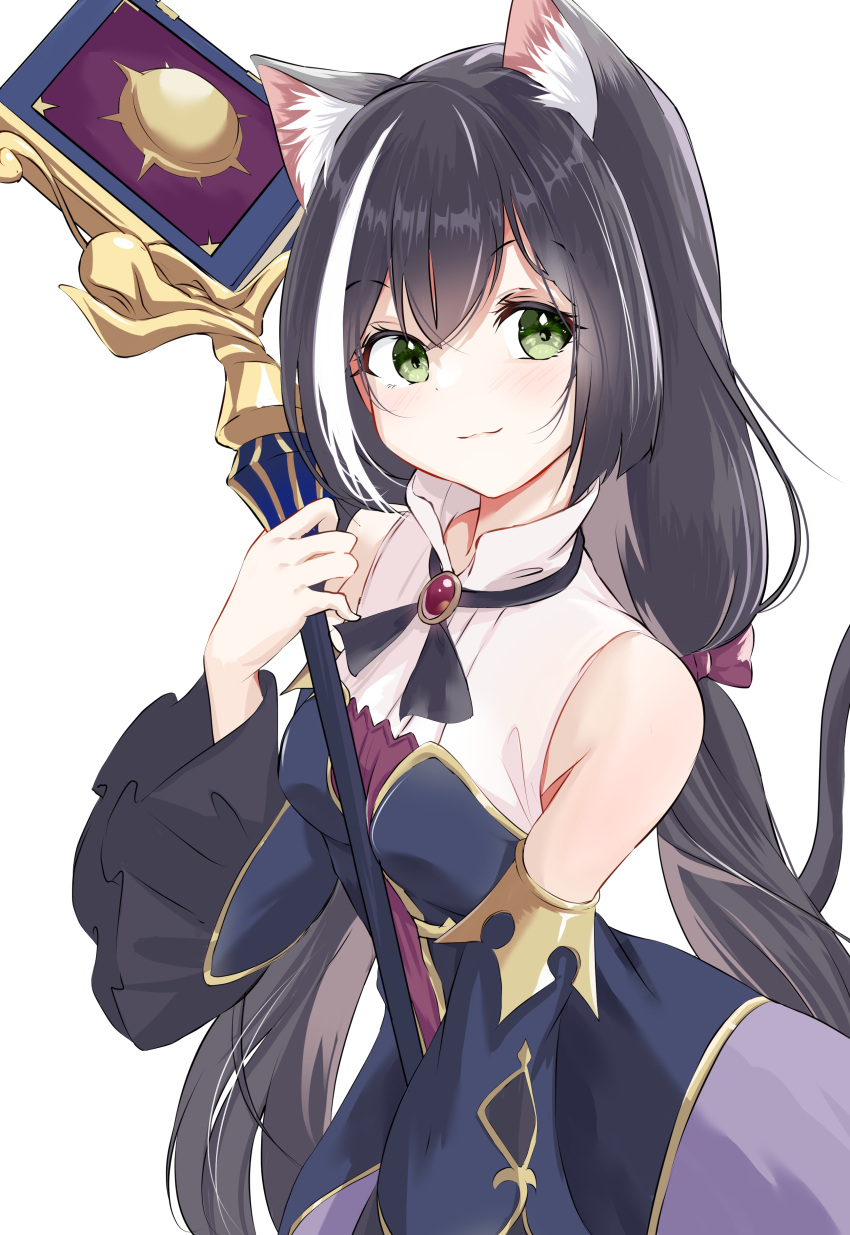 1girl :3 absurdres animal_ear_fluff animal_ears black_dress black_fur black_hair cat_ears cat_girl cat_tail closed_mouth detached_sleeves dress green_eyes high_collar highres holding holding_staff karyl_(princess_connect!) long_hair mage_staff multicolored_hair ponytail princess_connect! simple_background smile solo staff streaked_hair tail white_background white_hair wide_sleeves yoru_(user_vewa8437)