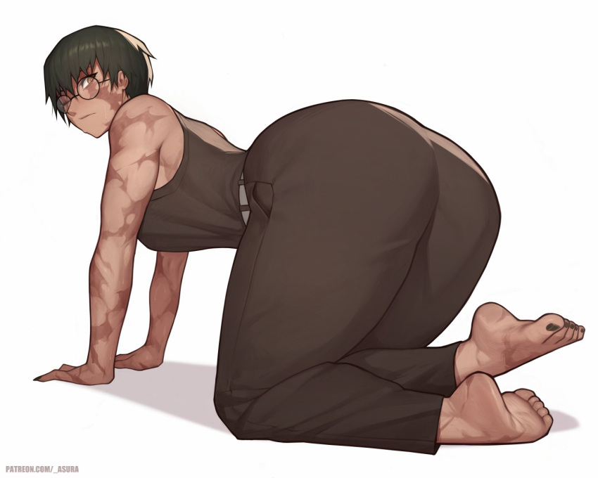 1girl all_fours ass ass_focus asura_(asurauser) barefoot black_hair black_pants breasts burn_scar glasses highres huge_ass jujutsu_kaisen looking_at_viewer looking_back multiple_scars pants scar scar_across_eye short_hair solo tank_top thick_thighs thighs yellow_eyes zen'in_maki