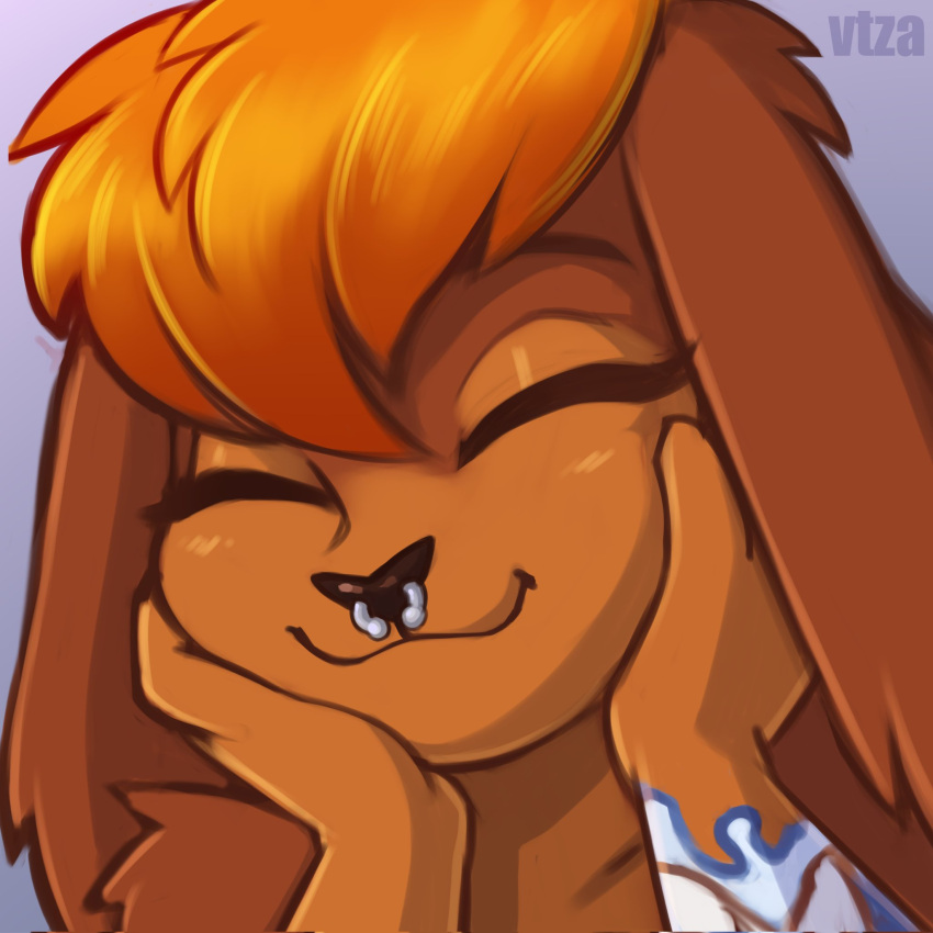 1:1 2022 anthro artist_name brown_body brown_fur countershade_face countershade_fur countershading digital_media_(artwork) eyelashes eyes_closed facial_piercing female fur hair hand_on_face hand_on_own_face happy hi_res icon lagomorph leporid mammal nose_piercing nose_ring orange_hair piercing purple_background rabbit ring_piercing septum_piercing septum_ring shaded simple_background smile solo tan_body tan_fur vtza