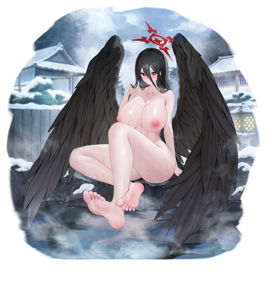 1girl barefoot black_hair black_wings blue_archive blush breasts cleavage closed_mouth collarbone completely_nude feathered_wings halo hasumi_(blue_archive) heart heart-shaped_pupils highres huge_breasts lichiko long_hair nipples nude onsen red_eyes red_halo rock snow soles solo symbol-shaped_pupils toes water wings