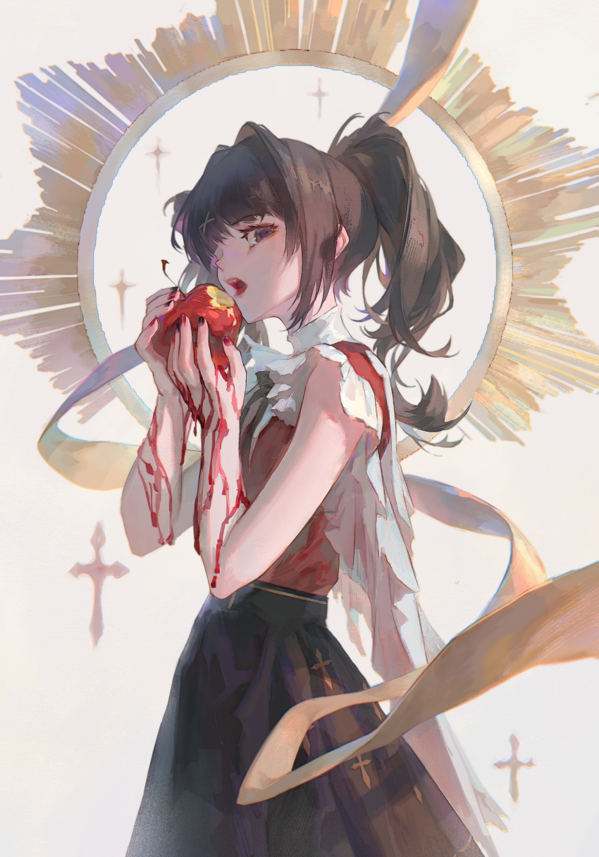 1girl ame-chan_(needy_girl_overdose) apple bitten_apple black_hair black_nails black_ribbon black_skirt blood blood_on_hands blunt_bangs collared_shirt cowboy_shot cross fang food food_bite from_side fruit grey_background hair_ornament halo hands_up highres holding holding_food holding_fruit long_hair looking_at_viewer multicolored_nails neck_ribbon needy_girl_overdose open_mouth pink_lips purple_eyes red_apple red_nails red_shirt ribbon shirt skirt solo songziqieyu348 sparkle standing twintails x_hair_ornament