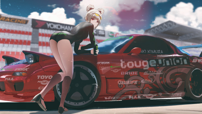 1girl ass bodysuit breasts bullpup cloud cloudy_sky commission dgkamikaze double_bun full_body girls'_frontline gun hair_bun highres kneehighs leaning_against_vehicle leotard light_brown_hair looking_back medium_breasts p90_(girls'_frontline) racing red_eyes second-party_source sky socks solo submachine_gun sunglasses vehicle_focus vehicle_request weapon