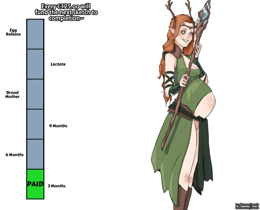 absurd_res belly breasts clothing critical_role elf female hair hi_res humanoid humanoid_pointy_ears keyleth navel nipple_outline nipples pregnant red_hair small_breasts smile solo staff zaunis