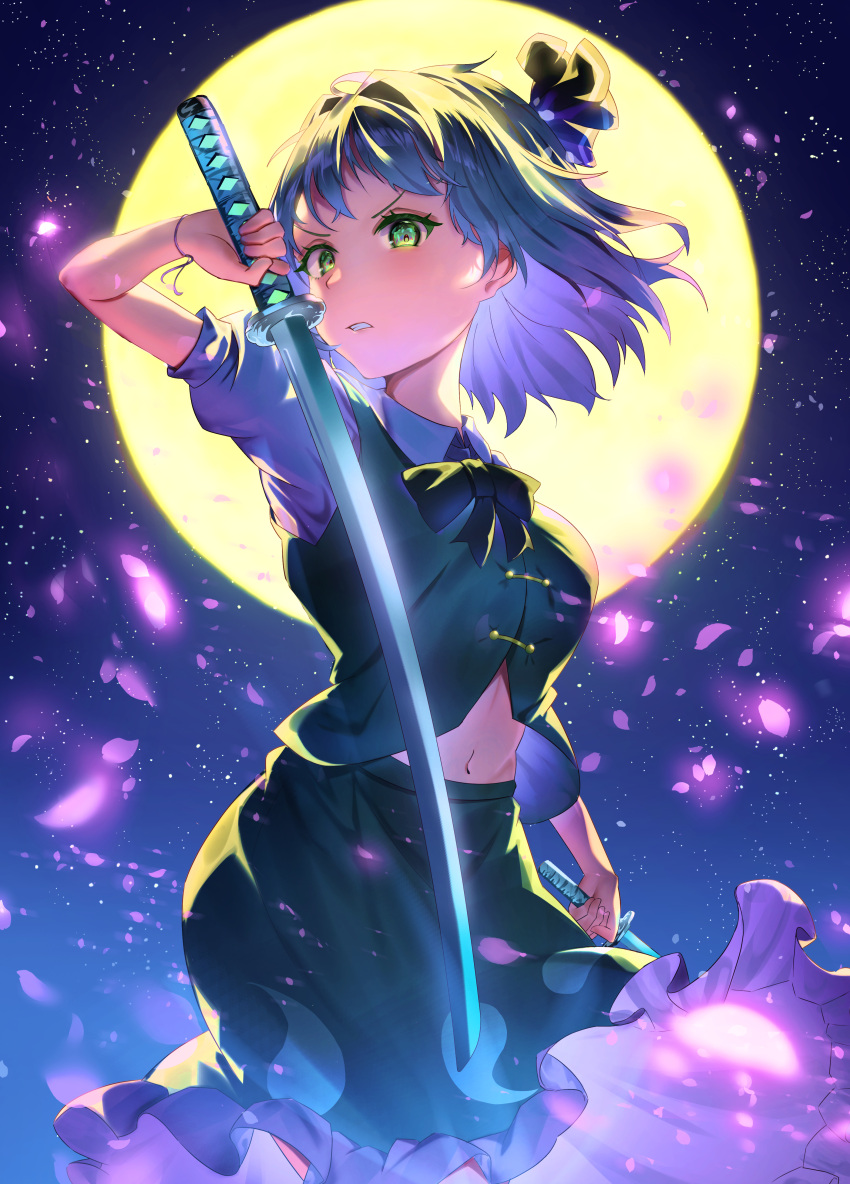 1girl absurdres cherry_blossoms commentary_request full_moon green_eyes green_skirt green_vest grey_hair highres holding holding_sword holding_weapon konpaku_youmu looking_at_viewer moon navel outdoors shirt short_hair short_sleeves skirt sky solo star_(sky) starry_sky sword touhou vest weapon white_shirt yomatsuri_(festival_night)