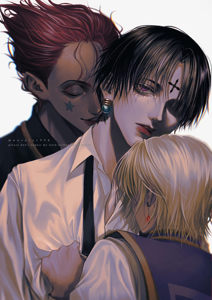 1other 2boys androgynous black_hair blonde_hair chrollo_lucilfer closed_eyes cross_tattoo crystal_earrings earrings facepaint facial_mark forehead_tattoo hair_between_eyes hair_slicked_back highres hisoka_morow hunter_x_hunter jewelry kurapika looking_at_viewer loose_necktie male_focus multiple_boys necktie purple_eyes red_hair shirt short_hair simple_background smile star_(symbol) star_facial_mark tabard upper_body white_background white_shirt wosara