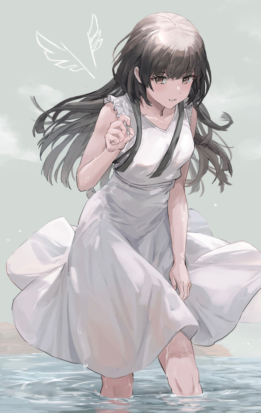 1girl black_hair blunt_ends blush breasts dress highres idolmaster idolmaster_shiny_colors light_smile long_hair looking_at_viewer mayuzumi_fuyuko medium_breasts powder_is_kona sleeveless sleeveless_dress solo very_long_hair wading white_dress