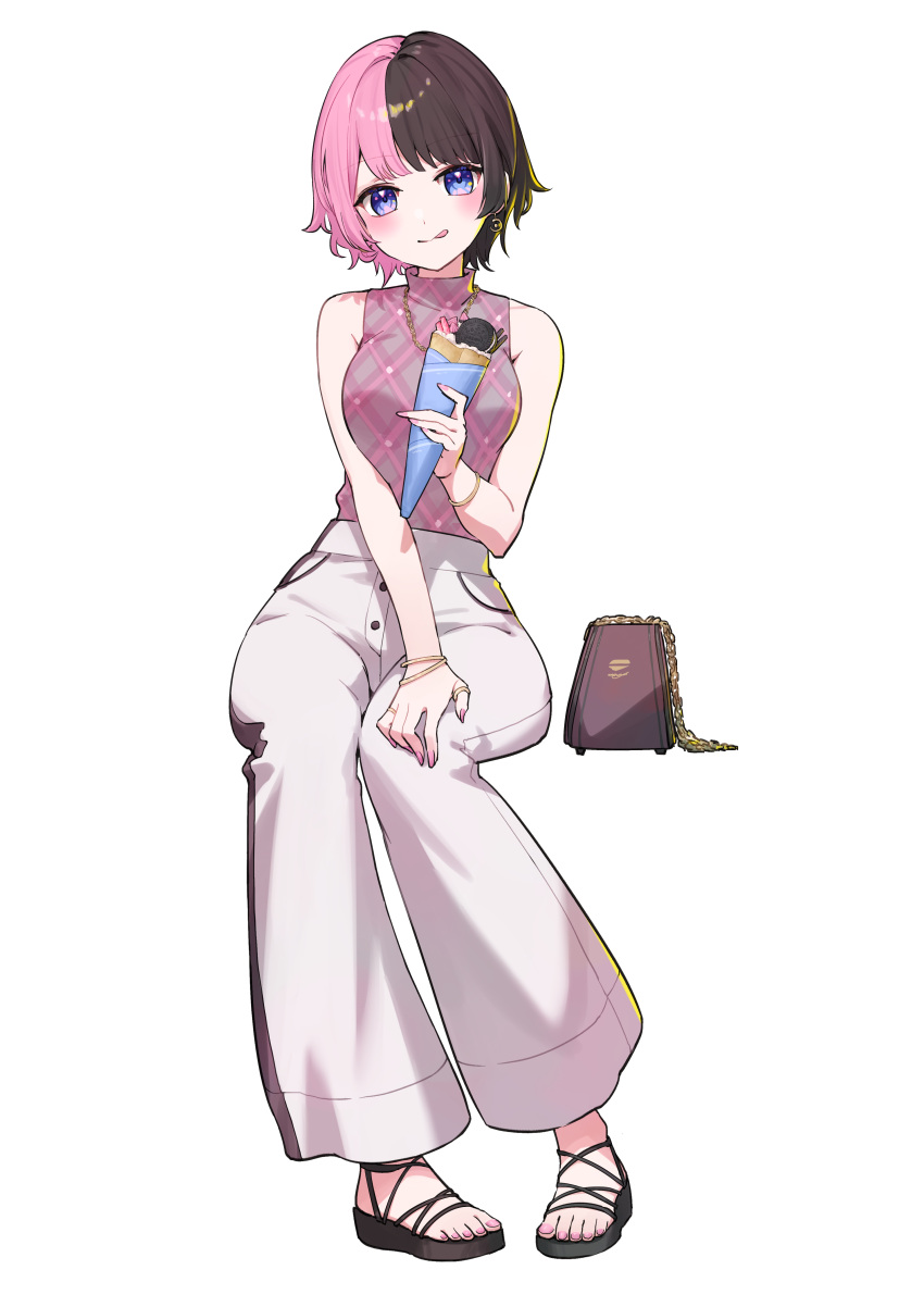 1girl :q absurdres alternate_costume alternate_hair_length alternate_hairstyle bag bare_shoulders bell-bottoms black_hair blue_eyes bracelet breasts crepe earrings eating food full_body hand_on_own_knee handbag highres invisible_chair jewelry looking_at_viewer medium_breasts multicolored_hair necklace nemoto_yuuma oreo pants pink_hair pink_nails pink_shirt plaid plaid_shirt ring sandals shirt short_hair simple_background single_earring sitting sleeveless sleeveless_shirt solo split-color_hair tachibana_hinano_(vtuber) tongue tongue_out two-tone_hair virtual_youtuber vspo! white_background white_pants