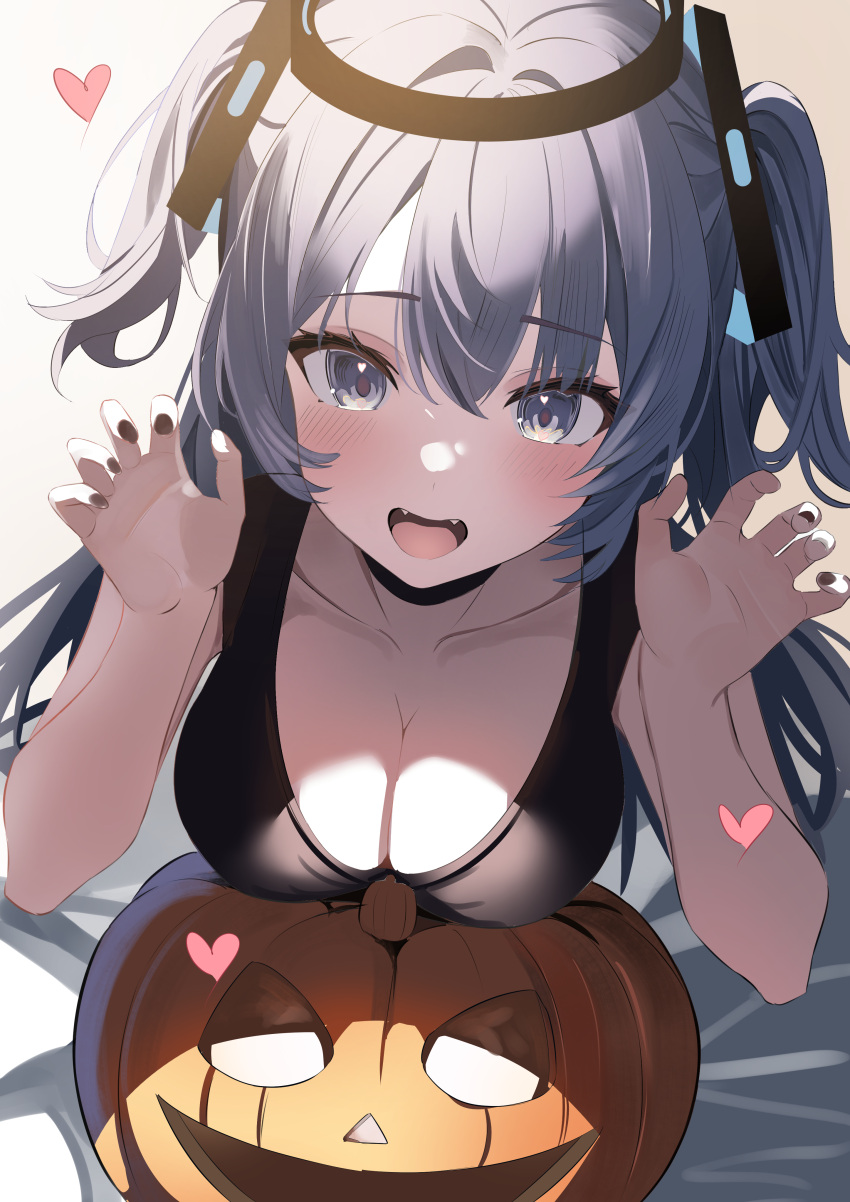 1girl absurdres blue_archive blush breasts cleavage collarbone fangs halo heart highres jack-o'-lantern large_breasts long_hair looking_at_viewer mechanical_halo open_mouth purple_eyes purple_hair simple_background smile solo touyou_(39kir) two_side_up white_background yuuka_(blue_archive)