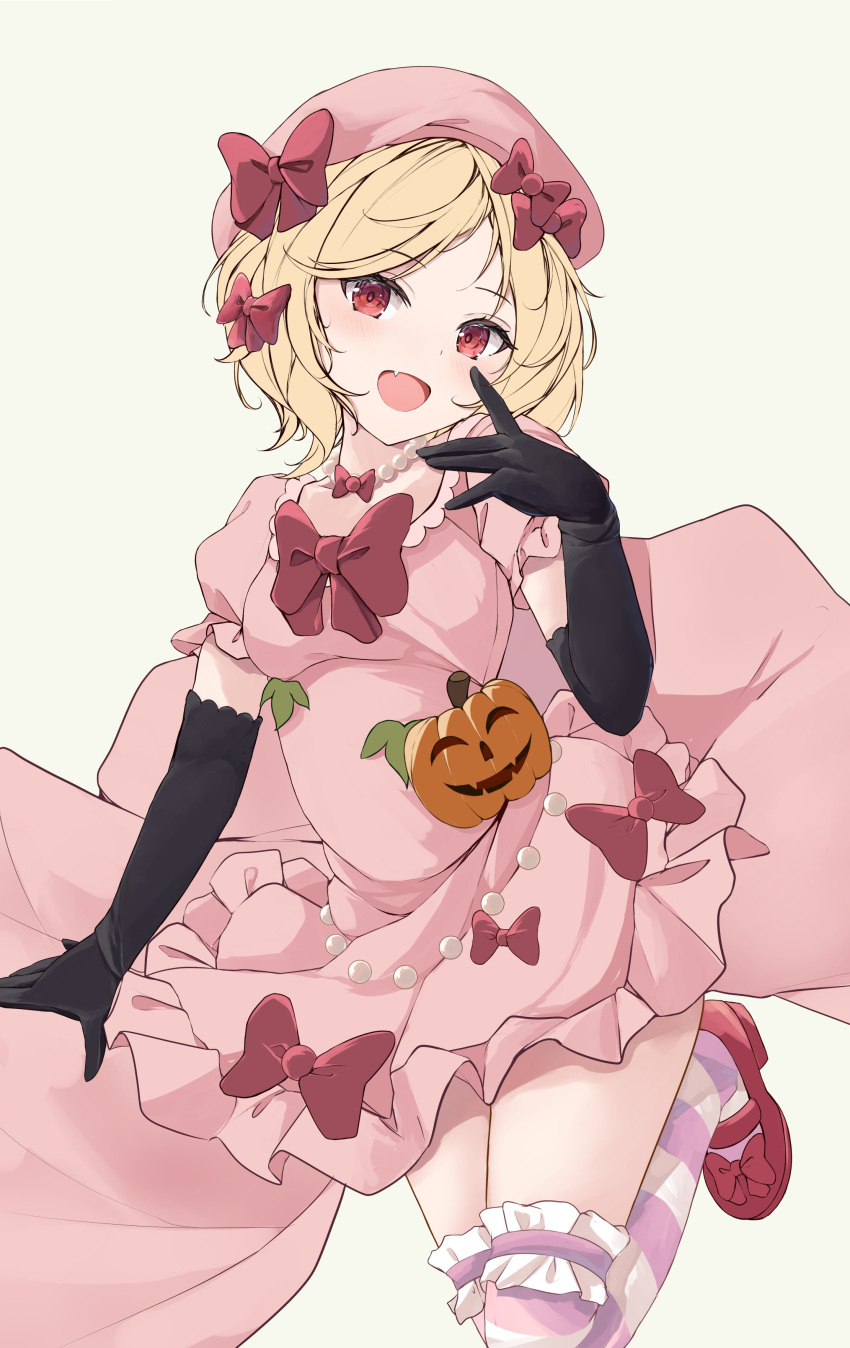 1girl absurdres beret black_gloves blonde_hair bow commentary dress dress_bow elbow_gloves gloves hat hat_bow highres jack-o'-lantern lambdadelta looking_at_viewer open_mouth orchid_(orukido) pink_dress pink_headwear pink_thighhighs red_bow red_eyes red_footwear short_hair simple_background solo striped striped_thighhighs thighhighs umineko_no_naku_koro_ni white_thighhighs