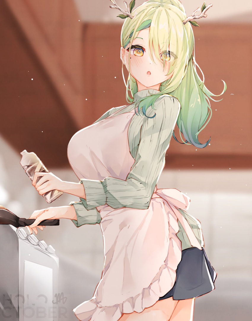 1girl antlers apron black_skirt blurry blurry_background blush bottle braid braided_bangs breasts ceres_fauna eyes_visible_through_hair frying_pan green_hair highres holding holding_bottle holding_frying_pan hololive hololive_english large_breasts looking_at_viewer looking_to_the_side ma_draws mole mole_under_eye open_mouth pleated_skirt ribbed_sweater skirt stove sweater yellow_eyes