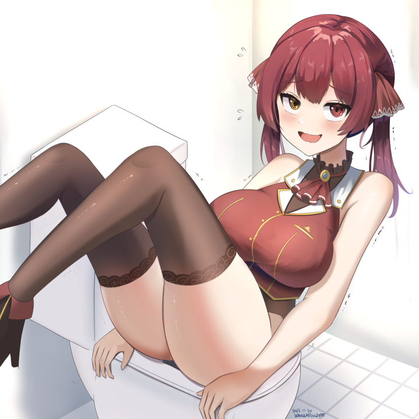 1girl :d @_@ ascot breasts cdog2035 cropped_vest flying_sweatdrops gold_trim heterochromia highres hololive houshou_marine large_breasts leotard leotard_under_clothes red_ascot red_eyes red_hair skindentation smile solo stuck thighhighs thighs tile_floor tiles toilet trembling twintails vest virtual_youtuber wavy_mouth yellow_eyes