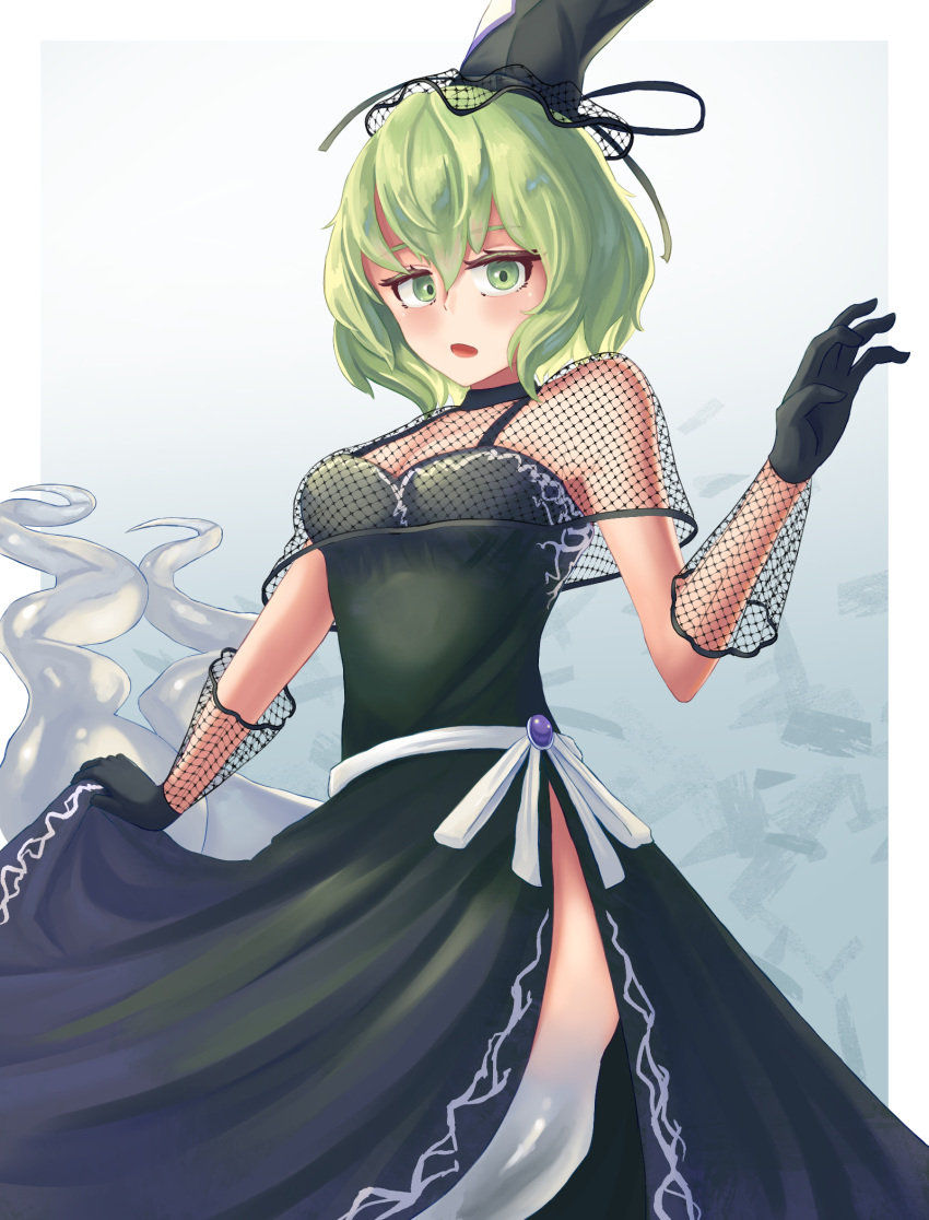 1girl adapted_costume black_headwear commentary dress ghost_tail green_dress green_eyes green_hair hair_between_eyes hat highres looking_at_viewer open_mouth pygrenix short_sleeves soga_no_tojiko solo tate_eboshi touhou