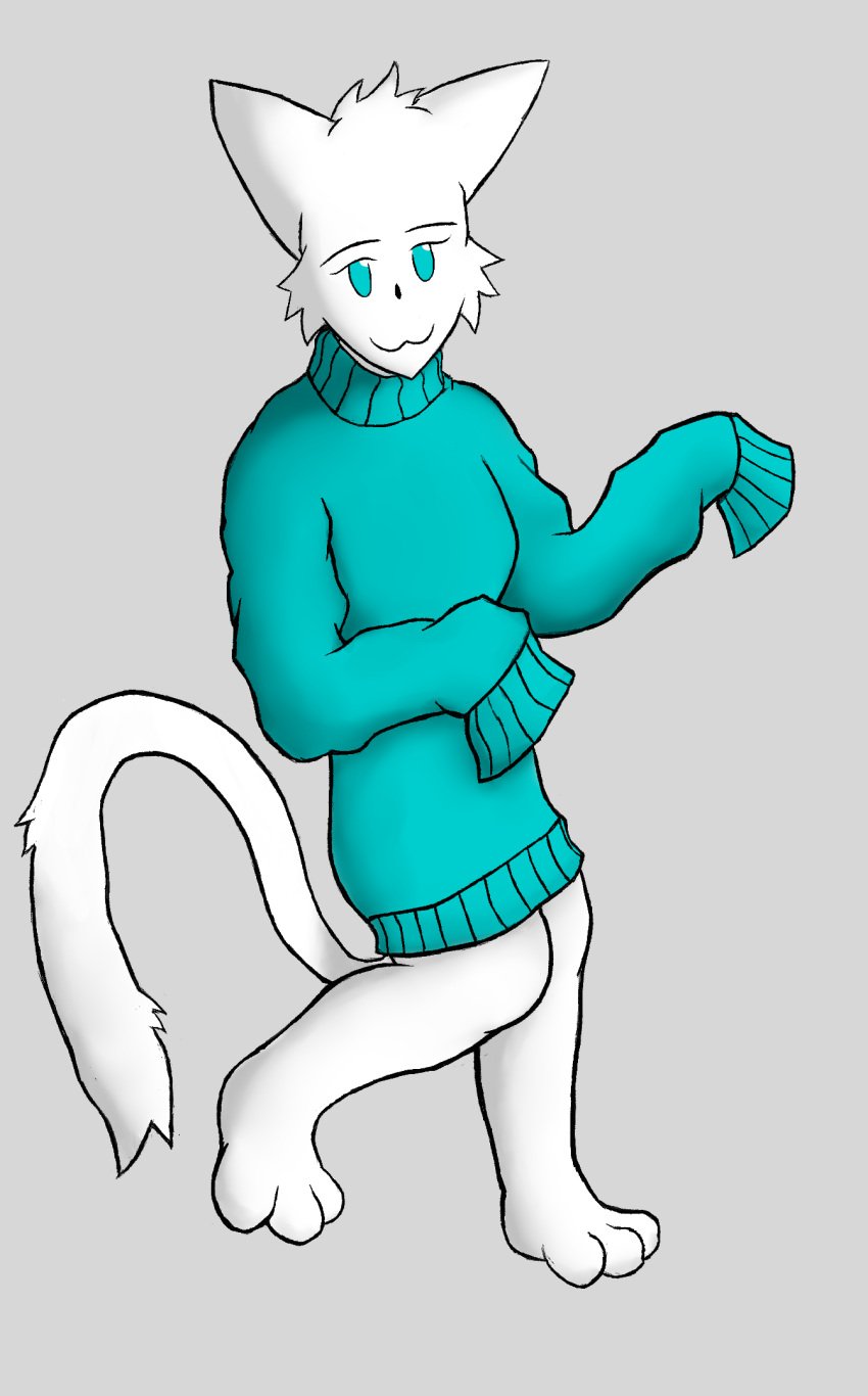 :3 anthro blue_clothing blue_eyes blue_shirt blue_topwear clothing felid feline female fur hi_res humanoid mammal oversized_shirt shaded shirt simple_background simple_shading smug strangertimes sweatshirt topwear white_body white_fur