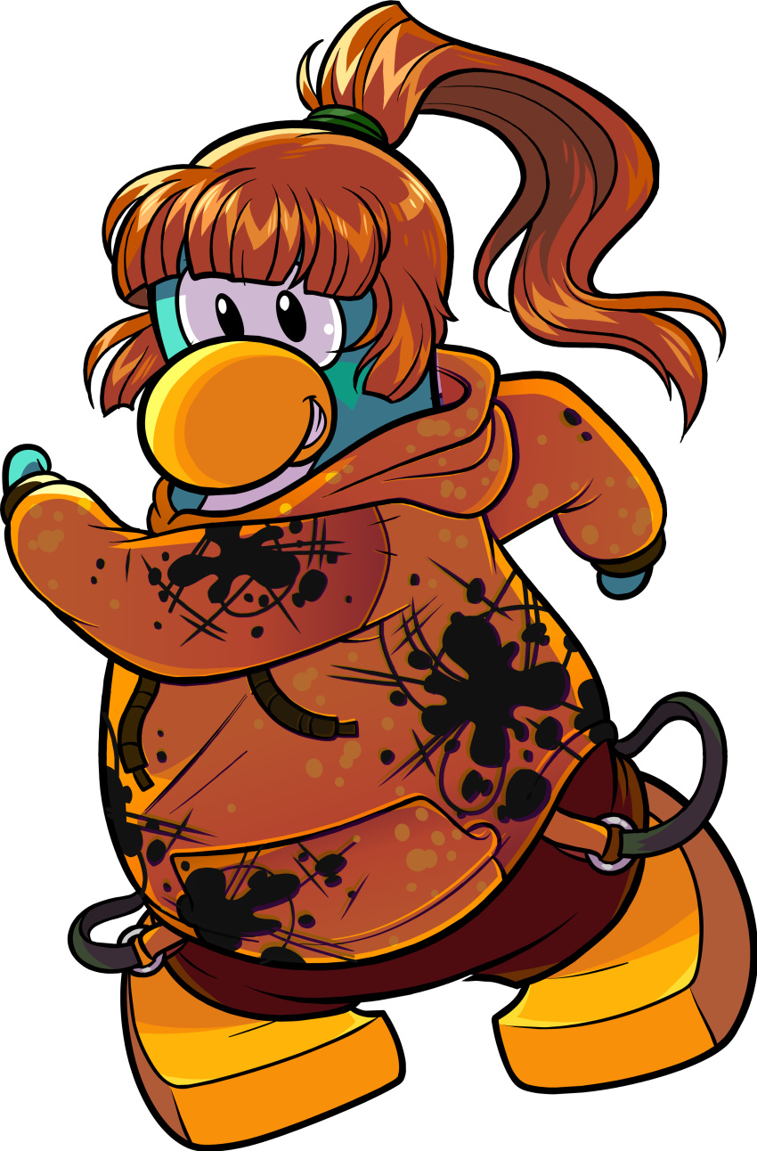 absurd_res avian bird blue_body bottomwear clothing club_penguin female full-length_portrait hair hi_res hoodie long_hair looking_at_viewer official_art orange_clothing orange_hair orange_hoodie orange_topwear pants penguin ponytail portrait red_bottomwear red_clothing red_pants solo topwear unknown_artist