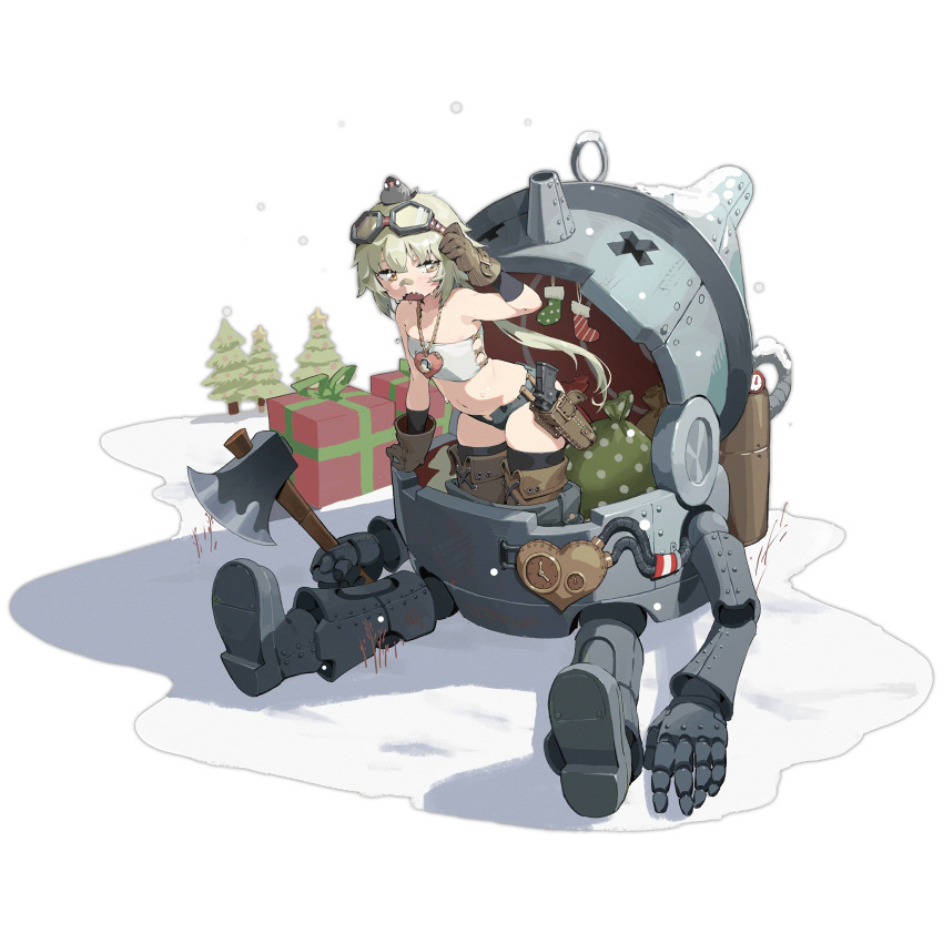 1girl arm_support arm_up axe bandaid bandaid_on_face bandaid_on_nose bare_shoulders black_thighhighs blush boots box breasts brown_eyes brown_footwear brown_gloves christmas christmas_star christmas_tree clock_necklace gift gift_box girls'_frontline gloves goggles goggles_on_head grey_hair gun hair_between_eyes handgun heart heart-shaped_clock highres holding holding_axe holster holstered_weapon hs2000 hs2000_(girls'_frontline) hs2000_(warm-hearted_tin_man)_(girls'_frontline) jewelry leaning_forward looking_to_the_side low_ponytail medium_hair micro_shorts midriff navel necklace official_alternate_costume official_art open_mouth robot sharp_teeth shorts small_breasts snow snowing solo steampunk strapless sweat teeth the_wizard_of_oz thigh_boots thighhighs thighhighs_under_boots tin_man transparent_background tube_top waterkuma weapon x_x