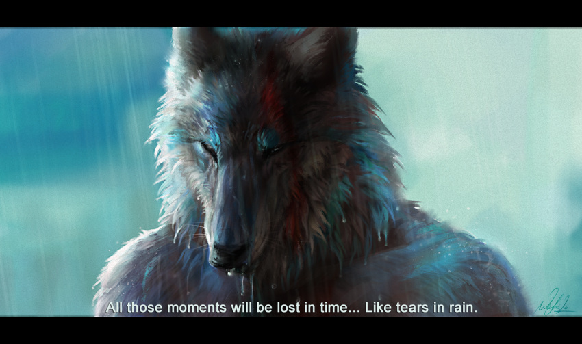 anthro black_nose blade_runner blood blue_body blue_fur bodily_fluids canid canine canis cyberpunk dialogue dripping dripping_wet english_text fur future letterbox looking_down male mammal movie_reference narrowed_eyes parody raining roy_batty solo tears text the_ardwolf wet wet_body wet_fur white_body white_fur wolf wolnir