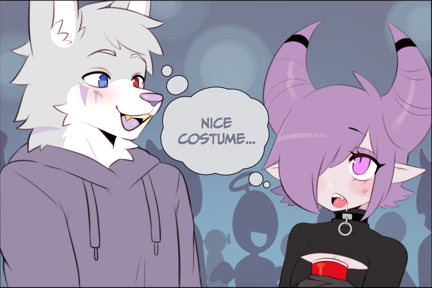 absurd_res anthro canid canine choker cleavage_cutout clothed clothing demon demon_humanoid dialogue duo fangs female fully_clothed hair heterochromia hi_res hoodie horn humanoid jewelry male mammal necklace party purple_eyes purple_hair sataenart silhouette smile speech_bubble teeth topwear