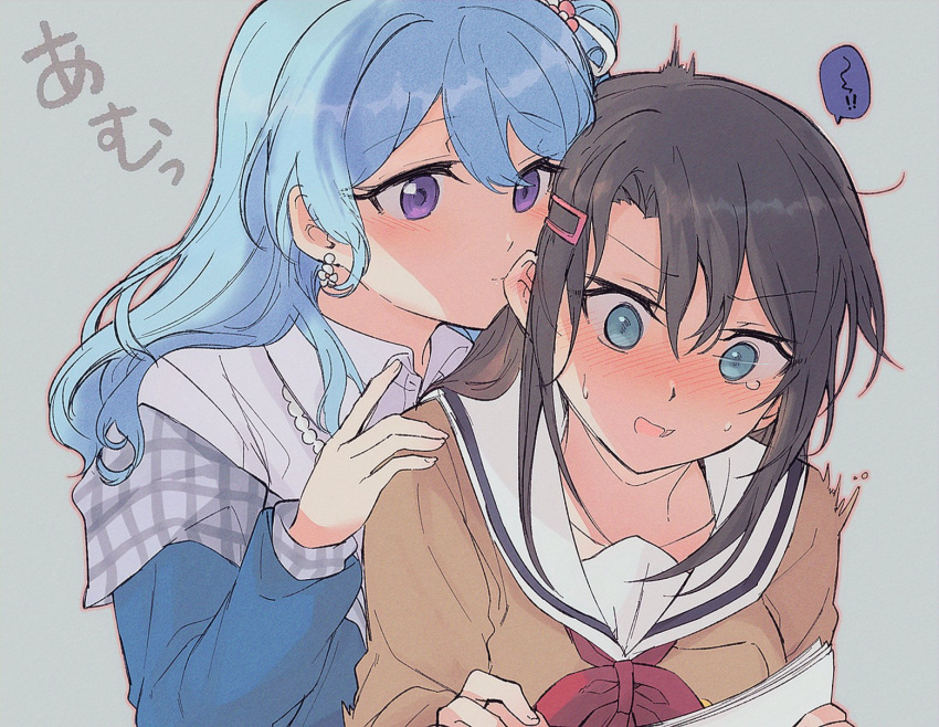 2girls aoiro_050 bang_dream! biting blue_eyes blue_hair blue_jacket blush brown_dress brown_hair dress ear_biting hair_ornament hairclip hanasakigawa_school_uniform hand_on_another's_shoulder highres jacket long_hair matsubara_kanon multiple_girls neckerchief okusawa_misaki purple_eyes red_neckerchief sailor_collar school_uniform shirt white_sailor_collar white_shirt yuri