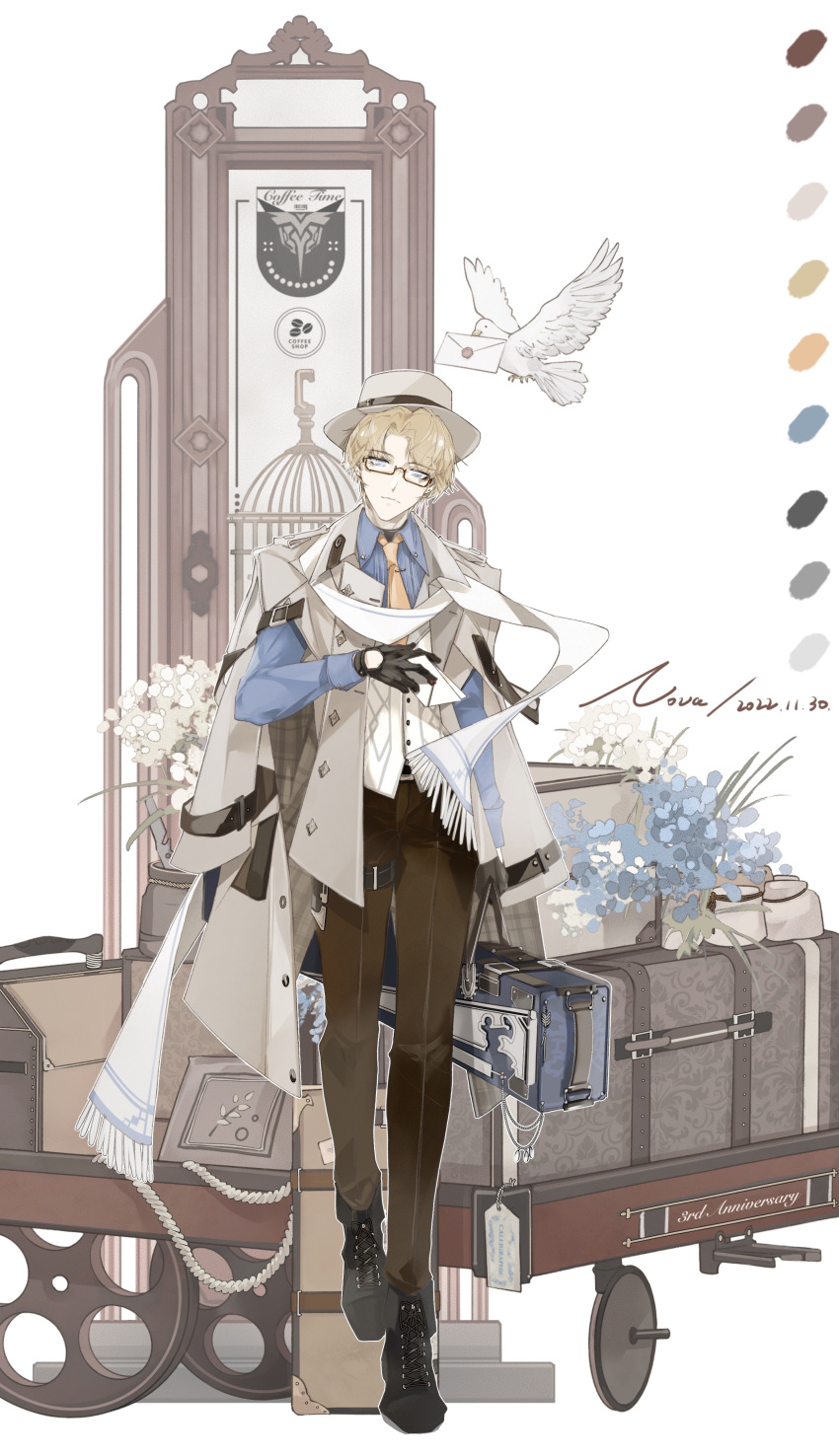 1boy absurdres adapted_costume ankle_boots anniversary bird bird_request birdcage black_footwear black_gloves blonde_hair blue_eyes blue_flower blue_shirt boots briefcase brown_pants cage carrying_bag cart chinese_commentary chrome:_glory_(punishing:_gray_raven) chrome_(punishing:_gray_raven) coat coat_on_shoulders collared_coat collared_shirt color_guide commentary dated earrings fedora floating_scarf flower full_body glasses gloves hat highres holding holding_letter jewelry letter logo looking_at_viewer male_focus necktie nnnnnova orange_necktie pants parted_bangs procreate_(medium) punishing:_gray_raven rectangular_eyewear rope scarf shirt short_hair signature solo striped striped_shirt stud_earrings tag thigh_strap tie_clip two-sided_fabric vertical-striped_shirt vertical_stripes waistcoat wheel white_bird white_coat white_flower white_headwear white_scarf