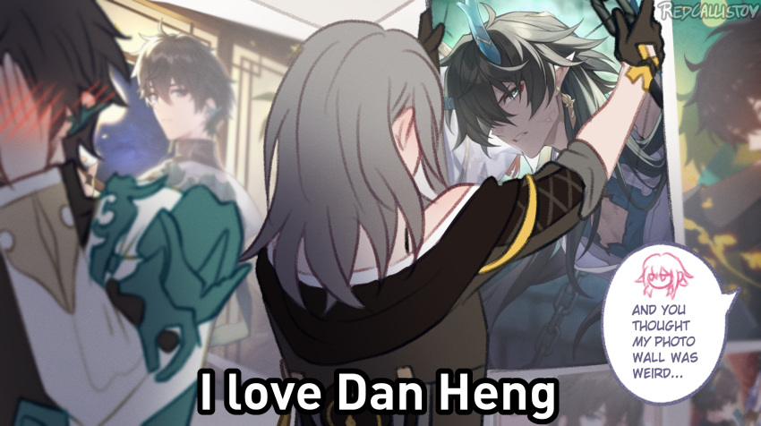 1boy black_gloves black_hair black_jacket blush chinese_clothes covering_own_eyes dan_heng_(honkai:_star_rail) dan_heng_(imbibitor_lunae)_(honkai:_star_rail) detached_sleeves dragon_boy dragon_horns ear_blush embarrassed english_text from_behind gloves green_eyes green_horns grey_hair hair_between_eyes hand_blush highres holding honkai:_star_rail honkai_(series) horns jacket jewelry jitome long_hair long_sleeves march_7th_(honkai:_star_rail) pointy_ears poster_(object) red_eyeliner rubyredart stelle_(honkai:_star_rail) trailblazer_(honkai:_star_rail)