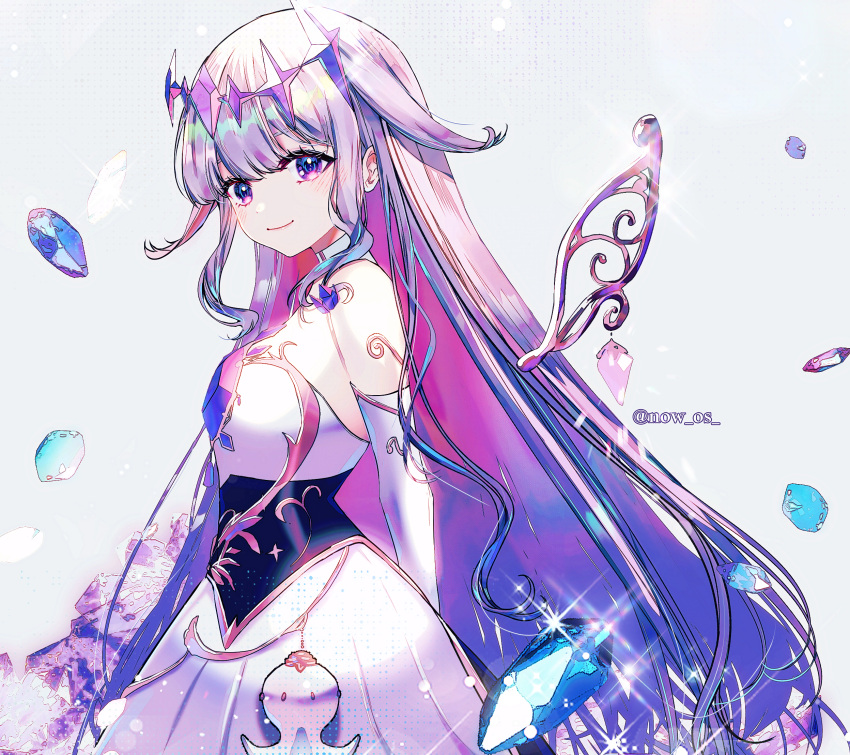 1girl black_corset blue_gemstone blunt_bangs breasts bridal_gauntlets center-flap_bangs chest_jewel collar colored_inner_hair commentary corset cowboy_shot crystal_wings detached_collar double-parted_bangs dress gem gradient_hair grey_hair hair_flaps highres hololive hololive_english koseki_bijou light_blush long_hair looking_at_viewer medium_breasts multicolored_hair pink_hair purple_eyes purple_hair sidelocks single_bridal_gauntlet solo sowon sparkle symbol-only_commentary twitter_username very_long_hair virtual_youtuber white_bridal_gauntlets white_collar white_dress
