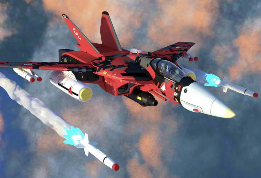 3d aircraft airplane camouflage choujikuu_yousai_macross cloud contrail dapperman digital_camouflage english_commentary fighter_jet firing flying gunpod helmet highres jet macross military military_vehicle missile nuclear_weapon pilot pilot_suit poser_(medium) realistic robotech roundel science_fiction u.n._spacy variable_fighter vehicle_focus vf-1 vf-1a