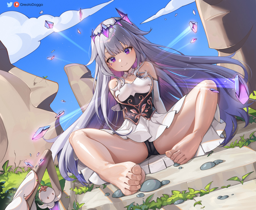 1girl ass bare_legs bare_shoulders barefoot blush breasts cameltoe colored_inner_hair crown crystal detached_collar dress feet foot_focus greatodoggo grey_hair highres hololive hololive_english koseki_bijou legs long_hair looking_at_viewer moai multicolored_hair panties patreon_logo patreon_username purple_eyes sitting smile soles solo toenails toes twitter_logo twitter_username underwear virtual_youtuber white_dress