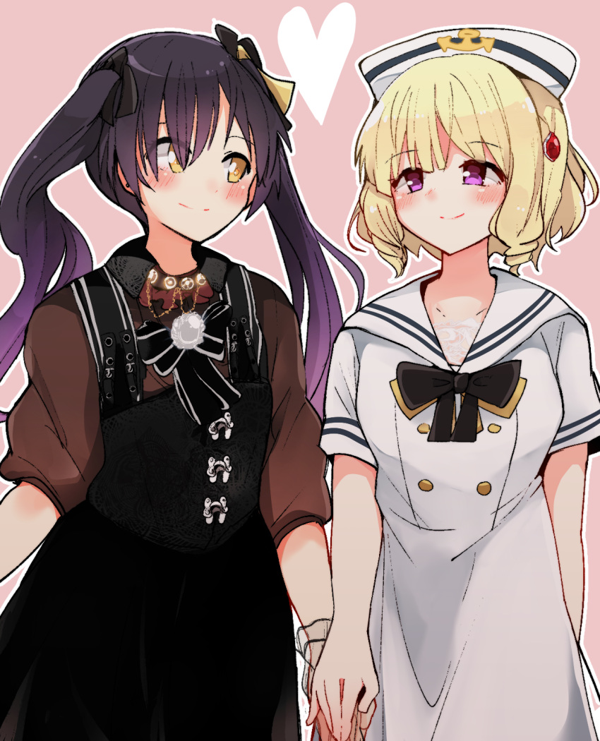 2girls anchor_symbol arms_at_sides assault_lily black_bow black_bowtie black_dress black_ribbon blonde_hair blush bow bowtie brown_shirt buttons closed_mouth collared_shirt commentary_request commission cowboy_shot dress drill_hair drill_sidelocks eye_contact hair_between_eyes hair_ribbon hat heart highres hishida_haru holding_hands imamura_yukari_(assault_lily) jewelry long_hair looking_at_another looking_to_the_side multiple_girls necklace official_alternate_costume pachio_(patioglass) pearl_necklace pinafore_dress pink_background purple_eyes purple_hair ribbon sailor_collar sailor_dress sailor_hat see-through shirt short_hair short_sleeves side-by-side sidelocks simple_background skeb_commission sleeveless sleeveless_dress sleeves_past_elbows smile standing twintails white_dress white_headwear white_sailor_collar wrist_cuffs yellow_bow yellow_bowtie yellow_eyes yellow_ribbon yuri
