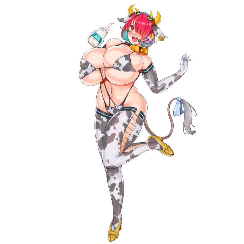 1girl 41_(taskmaster41) :d animal_ear_headwear animal_ears animal_print bare_shoulders bell belly bikini black_collar blue_hair blue_ribbon blush bottle breasts collar colored_inner_hair cow_ears cow_horns cow_print cow_print_bikini cow_print_gloves cow_print_thighhighs cow_tail cowbell curvy ear_tag elbow_gloves english_text fake_animal_ears fake_horns fake_tail frilled_ribbon frills full_body gigantic_breasts gloves gold_footwear hair_over_one_eye headset heart_on_cheek high_heels highres holding holding_bottle hoof_shoes horns ignis_(last_origin) last_origin looking_at_viewer milk milk_bottle multicolored_hair multiple_horns navel official_alternate_costume official_art open_mouth red_eyes red_hair ribbon short_hair simple_background skindentation smile solo spilling standing standing_on_one_leg string_bikini sweatdrop swimsuit tachi-e tail teeth thick_thighs thighs third-party_source transparent_background two-tone_hair undersized_clothes upper_teeth_only v-shaped_eyebrows y-string yellow_horns