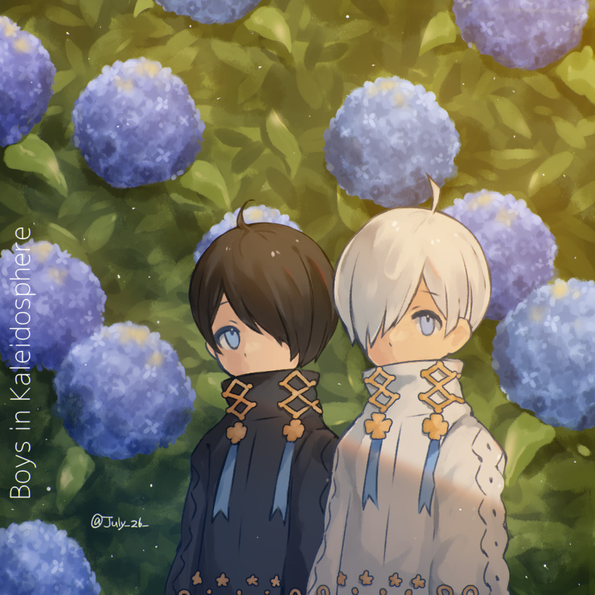 2boys ahoge artist_name black_hair black_shirt blue_flower bush covered_mouth flower hair_over_one_eye high_collar highres hydrangea light_particles long_sleeves male_focus mili_(band) multiple_boys ooya_(july_26) shirt short_hair star_(symbol) star_print twitter_username upper_body white_hair white_shirt