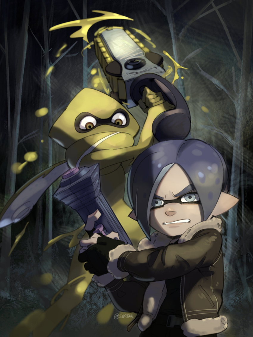 2023 alternate_species animal_humanoid being_watched capcom cephalopod cephalopod_humanoid chainsaw clothing coleoid crossover decapodiform duo forest forest_background gloves gun handgun handwear hi_res humanoid humanoid_pointy_ears humanoidized inkling jacket leon_kennedy_(resident_evil) light_body light_skin looking_at_another male marine marine_humanoid mollusk mollusk_humanoid nature nature_background nintendo plant power_tool ranged_weapon resident_evil splatoon stupjam suction_cup tools topwear tree weapon yellow_body