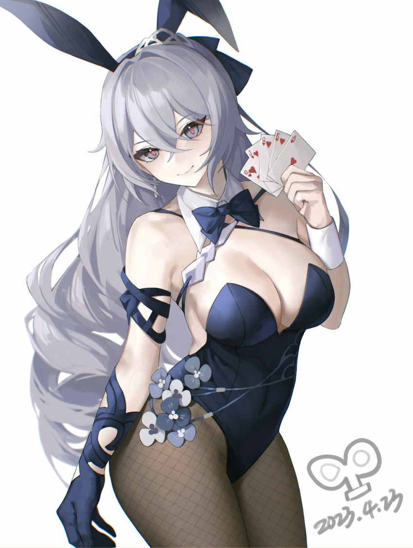 1girl alternate_costume animal_ears bare_shoulders black_gloves black_leotard bow bowtie breasts bright_pupils bronya_zaychik bronya_zaychik_(silverwing:_n-ex) brown_pantyhose card cleavage closed_mouth covered_navel cowboy_shot detached_collar fake_animal_ears fishnet_pantyhose fishnets gloves grey_eyes grey_hair hand_up highleg highleg_leotard highres holding honkai_(series) honkai_impact_3rd large_breasts leotard long_hair looking_at_viewer pantyhose playboy_bunny playing_card rabbit_ears simple_background single_glove smile solo strapless strapless_leotard thighs tutou_jiang very_long_hair white_background wrist_cuffs