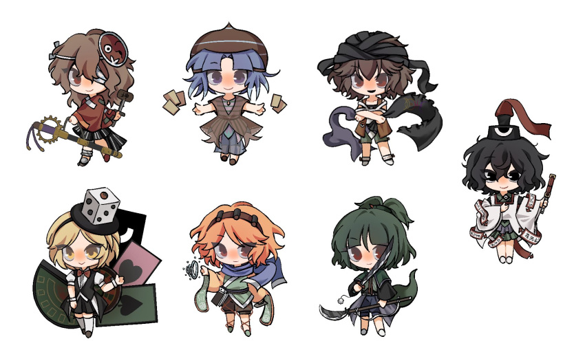 6+others adagumo_no_saragimaru ametsukana_yago androgynous bandage_over_one_eye black_eyes black_hair black_hairband black_hakama black_headwear black_kimono black_shirt black_skirt black_vest blonde_hair blue_hair blue_pants blue_shorts brown_hair brown_headwear brown_shorts brown_vest capelet closed_mouth commentary crossed_arms detached_sleeves dice dress eyes_visible_through_hair green_capelet green_hair green_hakama green_kimono green_shorts hair_between_eyes hair_ornament hairband hakama hakama_short_skirt hakama_skirt hat highres holding holding_sword holding_weapon japanese_clothes kimono kuzu_suzumi len'en long_hair long_sleeves miniskirt multiple_others ofuda open_clothes open_vest orange_hair orange_sleeves other_focus pants pleated_dress puffy_sleeves purple_eyes purple_shirt red_eyes red_hairband red_kimono senri_haiji senri_tsurubami shirt short_hair shorts simple_background skirt smile snake_hair_ornament snake_tail spell_card split_ponytail stage_connection striped striped_shirt sword tail tate_eboshi vest weapon white_background white_shirt white_sleeves white_wrist_cuffs wrist_cuffs xeno_a xiao_ganju_nailuo yellow_eyes zuifeng_tenkai