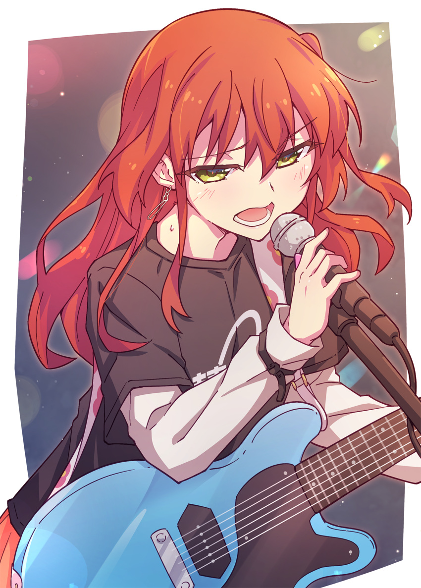 1girl black_shirt blush bocchi_the_rock! brown_eyes e20 earrings electric_guitar green_eyes guitar hair_between_eyes half-closed_eyes hand_up highres holding holding_microphone instrument jewelry kita_ikuyo long_hair microphone microphone_stand one_side_up open_mouth orange_skirt pleated_skirt red_hair shirt short_sleeves skirt solo sweat