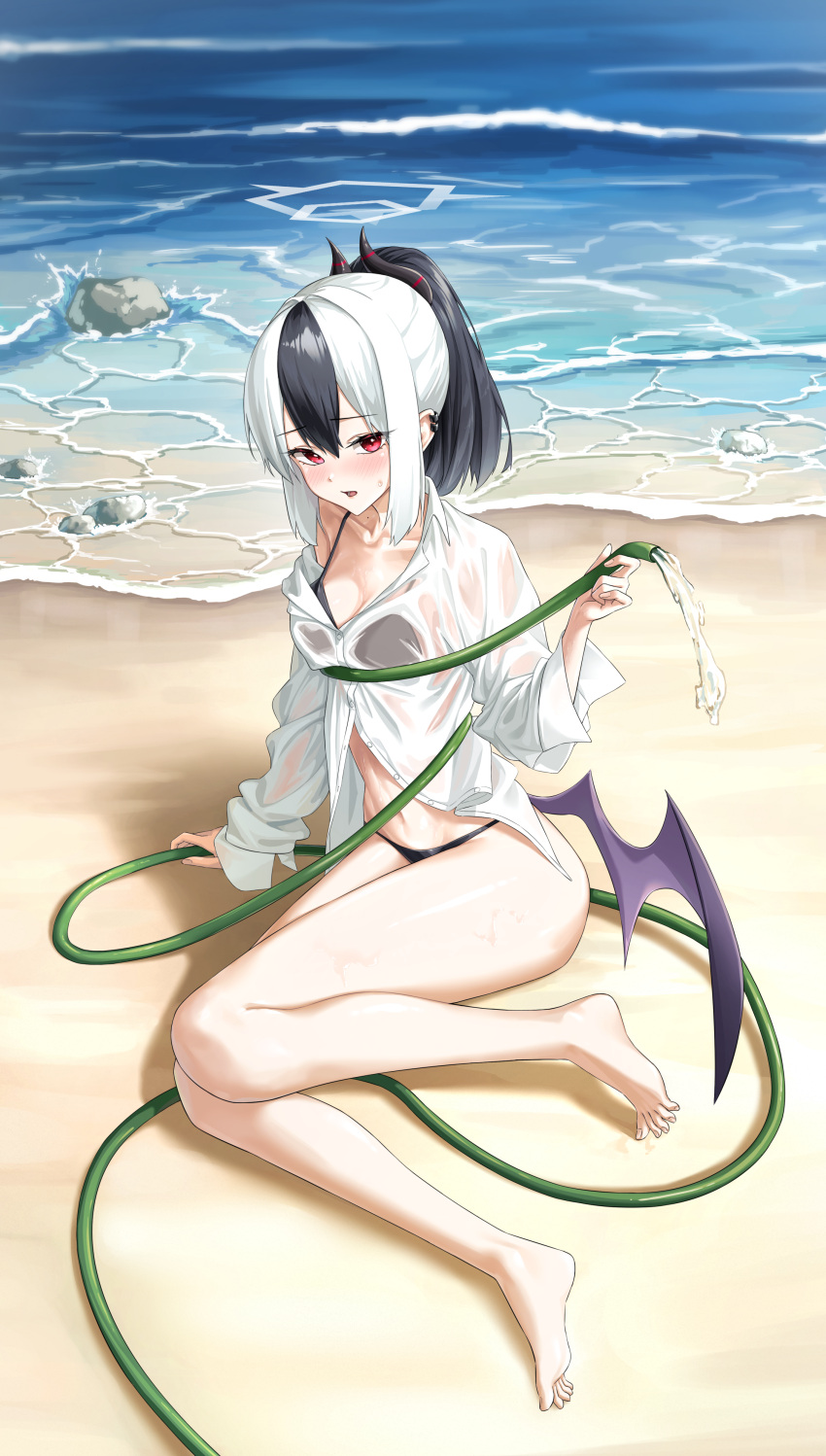 1girl absurdres bare_legs barefoot beach bikini black_hair blue_archive collared_shirt cosplay demon_girl demon_horns demon_wings earrings halo hanako_(blue_archive) hanako_(blue_archive)_(cosplay) highres horns hose jewelry kayoko_(blue_archive) ly_7317 multicolored_hair outdoors ponytail red_eyes shirt single_wing sitting solo swimsuit two-tone_hair water wet wet_clothes wet_shirt white_hair white_halo wings yokozuwari