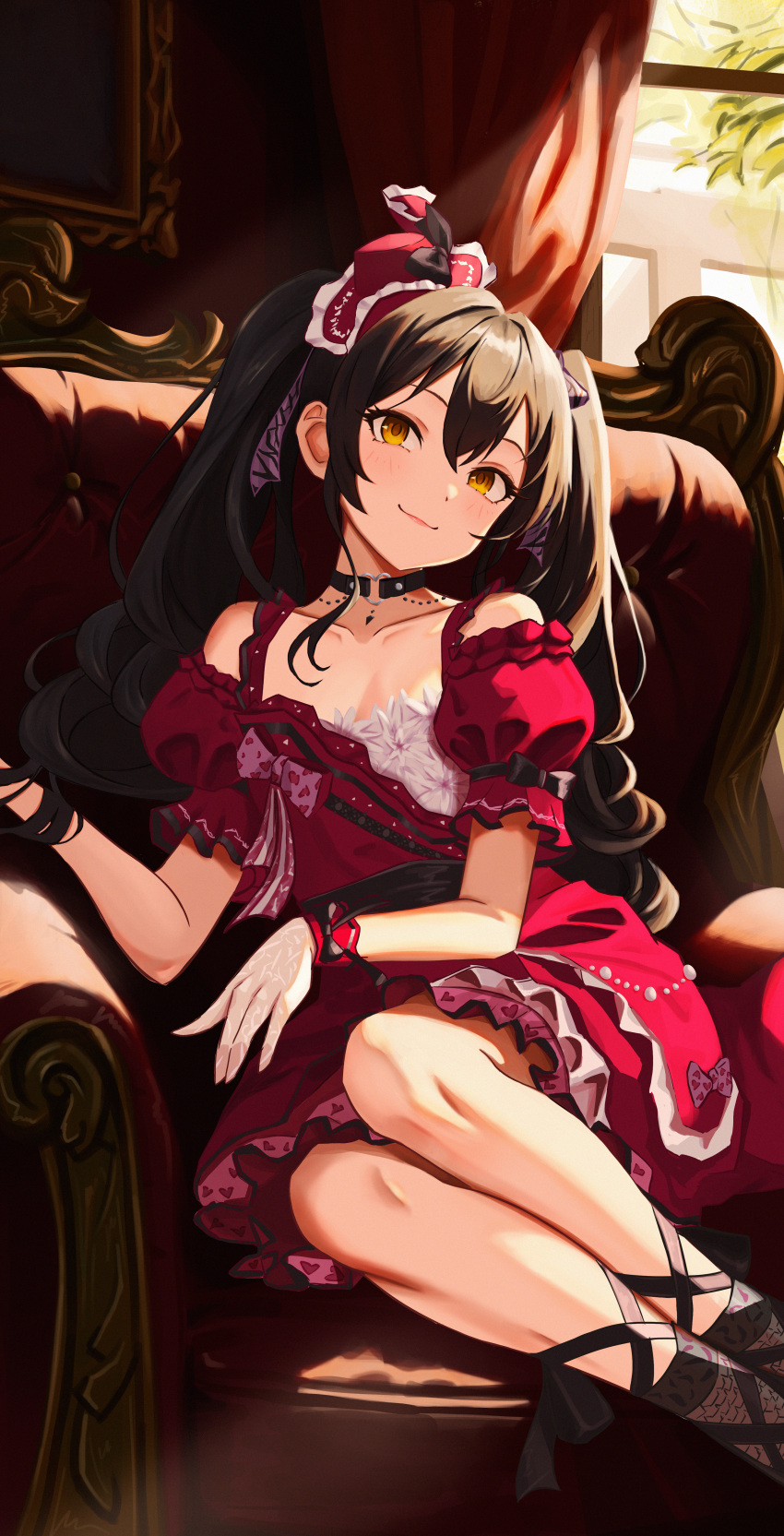 1girl absurdres ankle_lace-up black_choker brown_hair choker couch detached_sleeves dress drill_hair gloves hair_ornament hat highres idolmaster idolmaster_cinderella_girls idolmaster_cinderella_girls_u149 long_hair looking_at_viewer matoba_risa mini_hat on_couch qingli_ye red_dress red_headwear smile solo twintails yellow_eyes