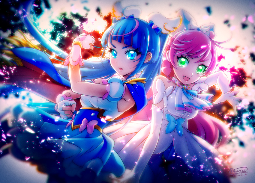 2girls artist_name ascot blue_bow blue_cape blue_dress bow braid brooch cape center_frills clenched_hands commentary cure_prism cure_sky cut_bangs dated detached_sleeves dress dutch_angle earclip earrings elbow_pads fingerless_gloves frills fringe_trim frown futari_wa_precure gloves green_eyes hair_bow heart highres hirogaru_sky!_precure jewelry light_particles long_hair looking_at_viewer magical_girl multicolored_hair multiple_girls nijigaoka_mashiro open_mouth pink_bow pink_hair pose_imitation precure puffy_detached_sleeves puffy_sleeves raymon red_cape saturated short_dress side-by-side signature single_earring sleeveless sleeveless_dress smile sora_harewataru sparkle standing streaked_hair twintails two-sided_cape two-sided_fabric white_ascot white_bow white_dress white_gloves wind wing_hair_ornament