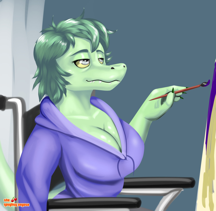 2023 absurd_res alligator alligatorid anthro artist_name big_breasts breasts brush claws cleavage clothed clothing crocodilian curvy_figure detailed_background digital_drawing_(artwork) digital_media_(artwork) disability eyelashes female fingers green_body green_hair green_scales grey_eyes hair hi_res hoodie i_wani_hug_that_gator inside olivia_(iwhtg) paintbrush painting paraplegic reptile scales scalie sharp_teeth short_hair sitting small_waist smartwhitefang smile snout solo teeth topwear voluptuous watermark wheelchair yellow_sclera