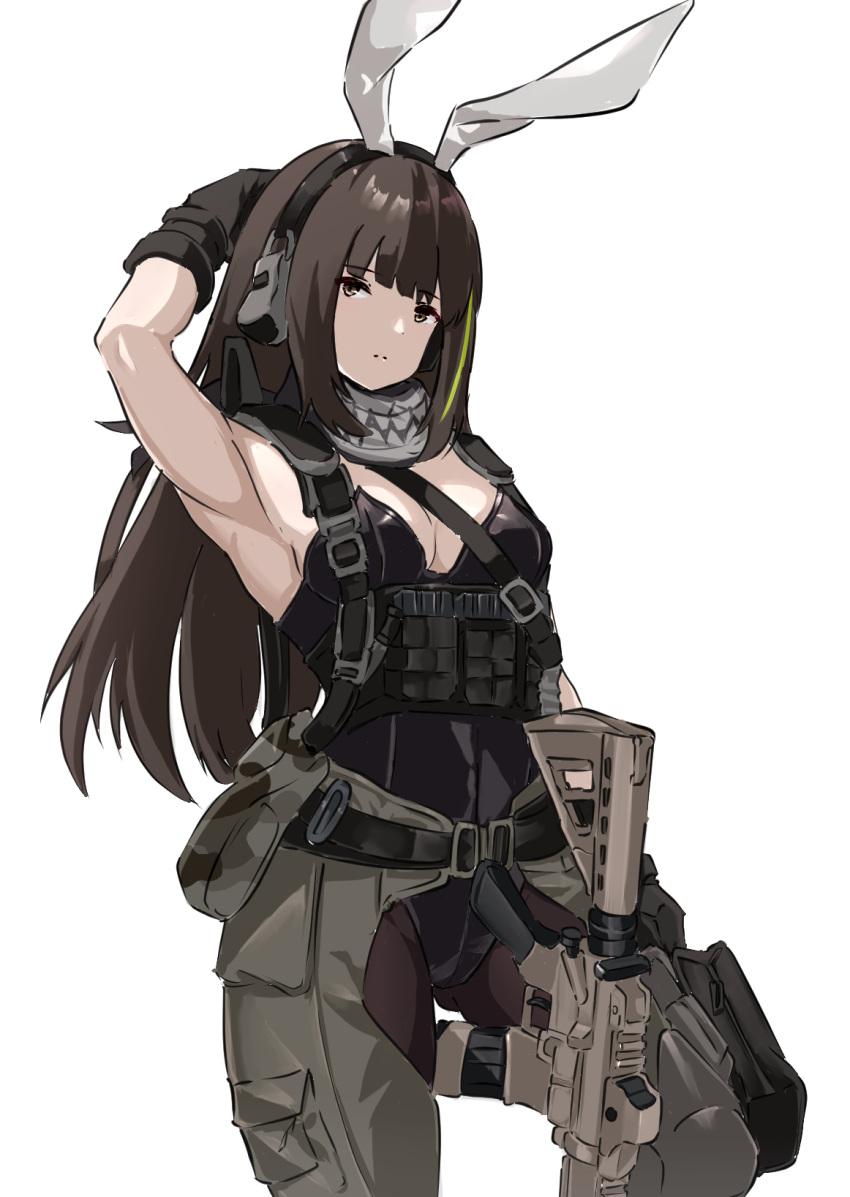 1girl animal_ears armpits assault_rifle black_corset breasts brown_hair chest_rig corset expressionless fake_animal_ears girls'_frontline green_pants gun highres looking_at_viewer m4_carbine m4a1_(girls'_frontline) magazine_(weapon) multicolored_hair mutugorou_u pants playboy_bunny rifle solo streaked_hair weapon
