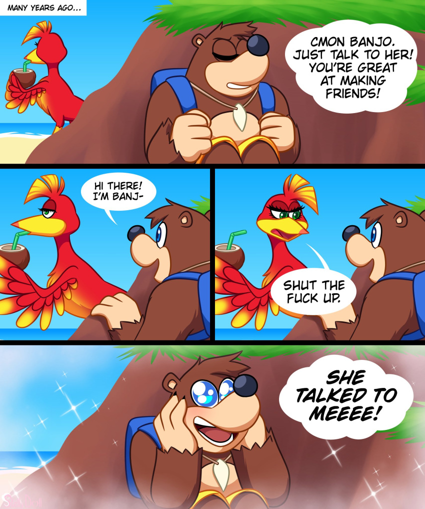 anthro avian backpack banjo-kazooie banjo_(banjo-kazooie) bear bird coconut dialogue drupe_(fruit) duo english_text female feral food fruit hi_res kazooie male mammal plant rareware skeletonguys-and-ragdolls speech_bubble text