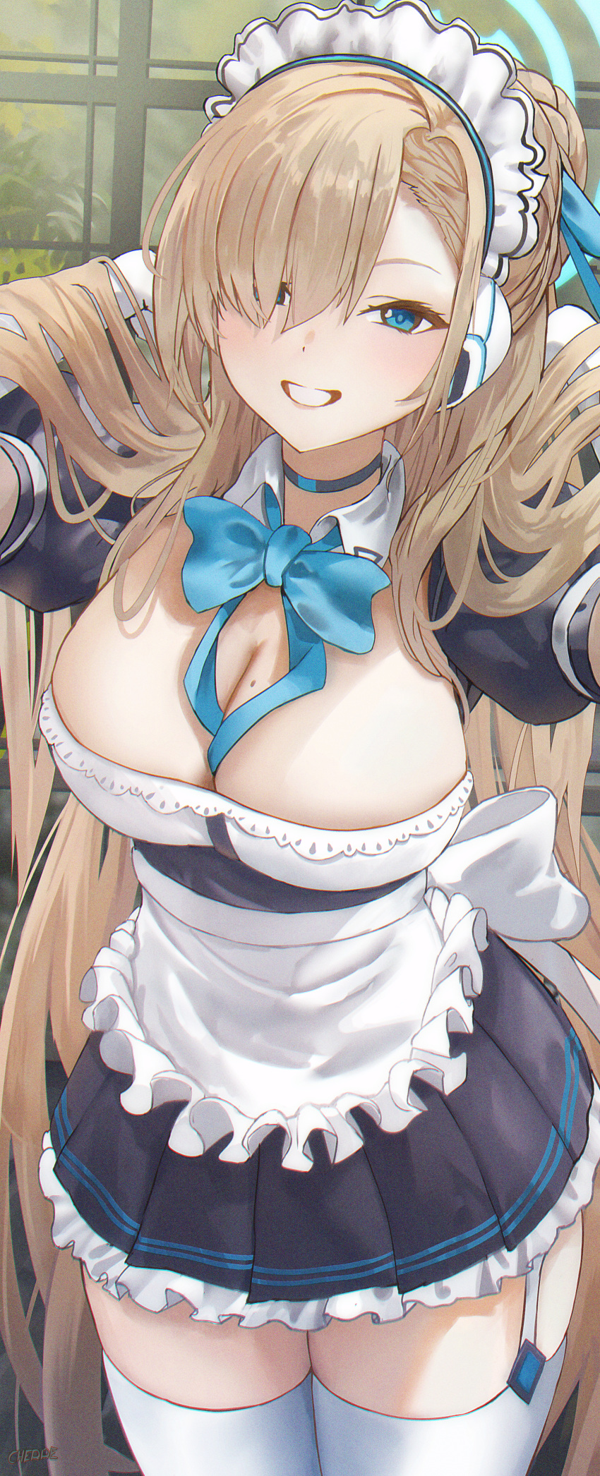 1girl absurdres apron asuna_(blue_archive) black_choker black_dress blue_archive blue_bow blue_bowtie blue_eyes blue_halo blush bow bowtie breasts cherre choker cleavage dress elbow_gloves frilled_dress frills gloves grin hair_over_one_eye halo hand_in_own_hair highres large_breasts long_hair looking_at_viewer maid maid_apron mechanical_halo mole mole_on_breast ribbon short_sleeves smile solo standing traditional_bowtie white_gloves