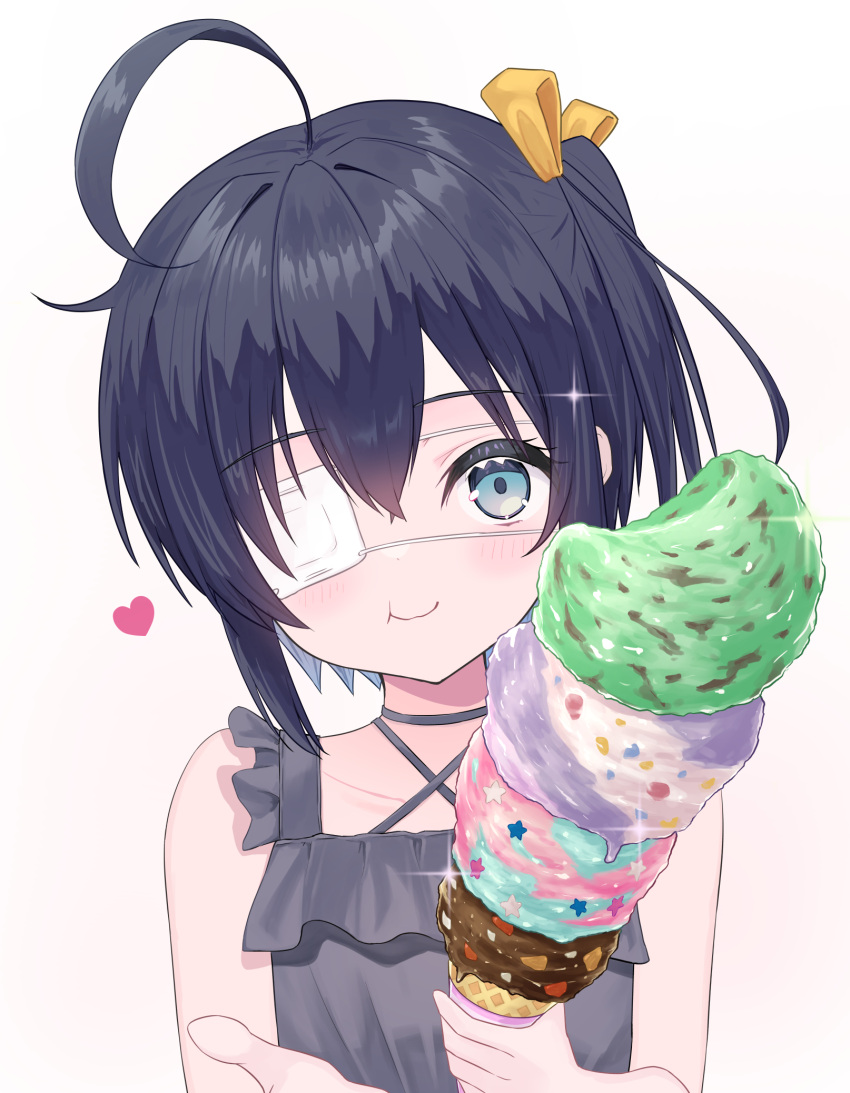 1girl ahoge alternate_costume bare_shoulders black_hair blush chuunibyou_demo_koi_ga_shitai! collarbone eating eyepatch flat_chest food green_eyes hair_ribbon heart highres holding holding_food holding_ice_cream ice_cream ice_cream_cone ribbon shikkoku_no_hono_mikado short_hair simple_background smile solo takanashi_rikka upper_body white_background yellow_ribbon