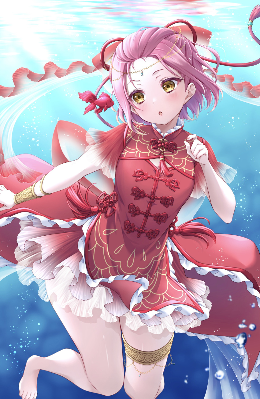 1girl absurdres barefoot bubble china_dress chinese_clothes d4dj dress highres inuyose_shinobu open_mouth pink_hair piyopiyomaru_(piyo8823) red_dress short_hair solo underwater yellow_eyes