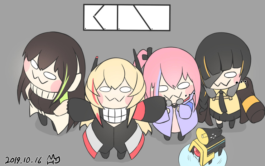 ... 4girls :3 anti-rain_(girls'_frontline) bad_id bad_pixiv_id banana_(girls'_frontline) black_hair black_necktie blonde_hair blunt_bangs blush_stickers braid brown_hair chibi closed_mouth commentary crying dated eyepatch girls'_frontline gloves grey_background hair_between_eyes hair_ornament highres jacket jwh logo long_hair long_sleeves looking_at_viewer m16a1_(girls'_frontline) m4_sopmod_ii_(girls'_frontline) m4_sopmod_ii_jr m4a1_(girls'_frontline) megaphone multicolored_hair multiple_girls necktie one-eyed outstretched_arms pink_hair puddle shirt side_ponytail signature simple_background single_braid smile st_ar-15_(girls'_frontline) standing streaked_hair white_eyes wide_oval_eyes