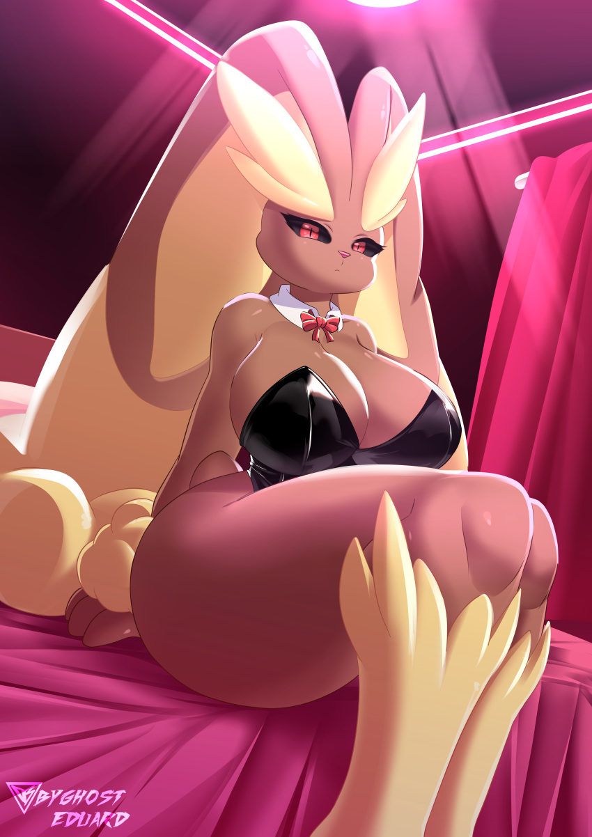 absurd_res anthro big_breasts breasts brown_body byghosteduard clothed clothing female generation_4_pokemon hi_res lagomorph leporid looking_at_viewer lopunny mammal nintendo pokemon pokemon_(species) rabbit red_eyes roommate solo yellow_body