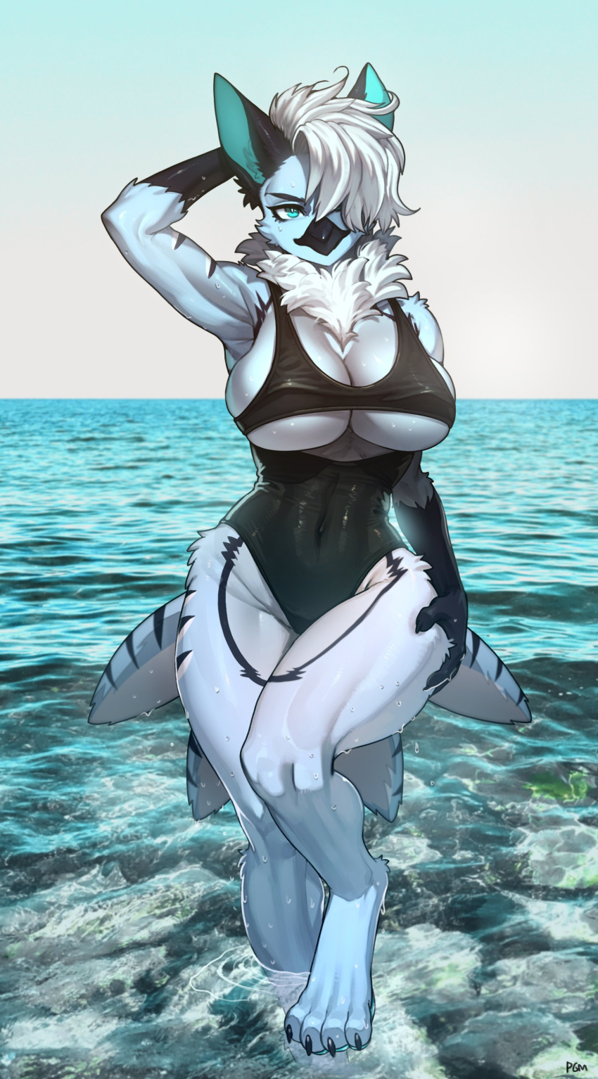 2023 absurd_res anthro avian bird black_clothing blue_body blue_eyes breasts clothed clothing dervid_(taktian) digital_media_(artwork) female hair hi_res looking_at_viewer navel pgm300 sea solo striped_body stripes swimwear water white_hair