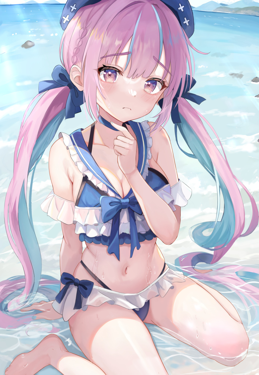 1girl aisaka_tisato arm_support barefoot bikini blue_choker blue_hair blue_headwear blue_nails blush bow bow_bikini breasts choker cleavage closed_mouth collarbone colored_inner_hair day frilled_bikini frilled_sailor_collar frills hat highres hololive long_hair looking_at_viewer medium_breasts minato_aqua multicolored_hair navel ocean outdoors partially_submerged pink_hair purple_eyes sailor_collar sitting solo stomach streaked_hair swimsuit twintails two-tone_hair virtual_youtuber wariza wet