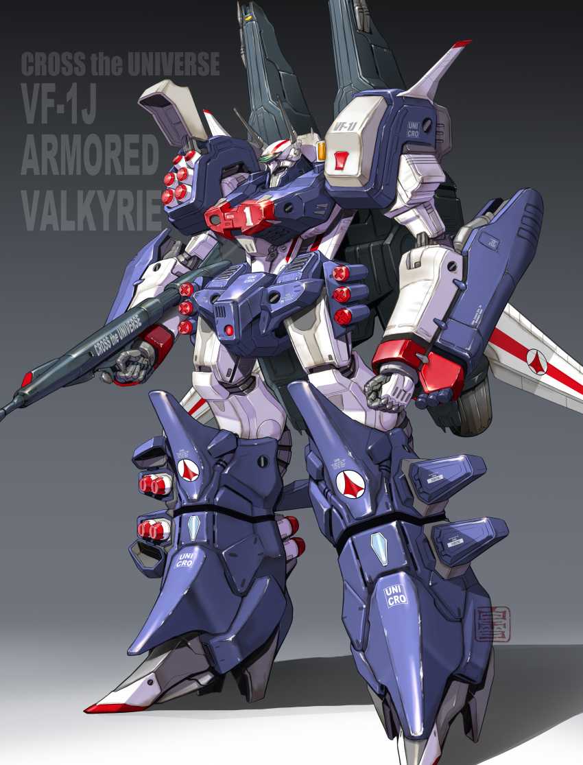 absurdres character_name choujikuu_yousai_macross commentary_request energy_cannon gradient_background gunpod highres laser_cannon macross maeda_hiroyuki mecha missile_pod reactive_armor redesign robot roundel science_fiction signature u.n._spacy vf-1 vf-1j vf-1j_armored