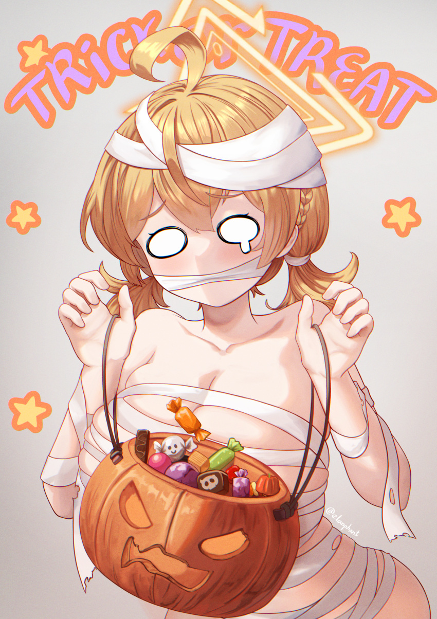 1girl ahoge blonde_hair blue_archive braid breasts cleavage collarbone elanphant grey_background hair_between_eyes halloween halloween_costume halo highres kotori_(blue_archive) large_breasts long_hair mummy_costume o_o short_twintails solo star_(symbol) trick_or_treat twintails upper_body yellow_halo